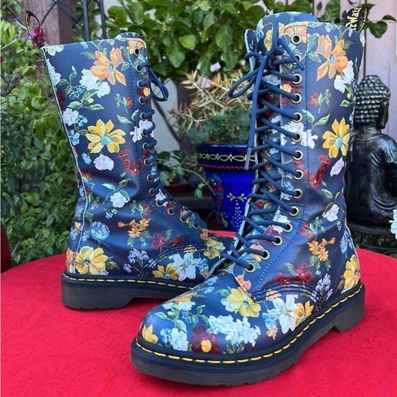 Dr. Martens Slate Gray Blue Floral Tall 14 Eye Lace Up Darcy Boots - Picture 7 of 11